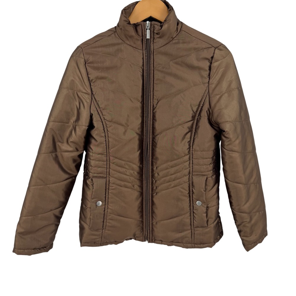 Jane Ashley Puffer Jacket Women S Brown Quilt Padded Full Zip Mock Neck Metallic